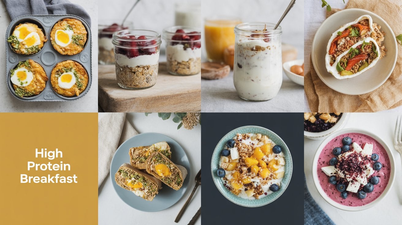 A collage of eight cheap high-protein breakfast dishes, including egg muffins, yogurt parfaits, stuffed sweet potatoes, smoothie bowls, and toast for meal prep, with the text High Protein Breakfast on a yellow background.