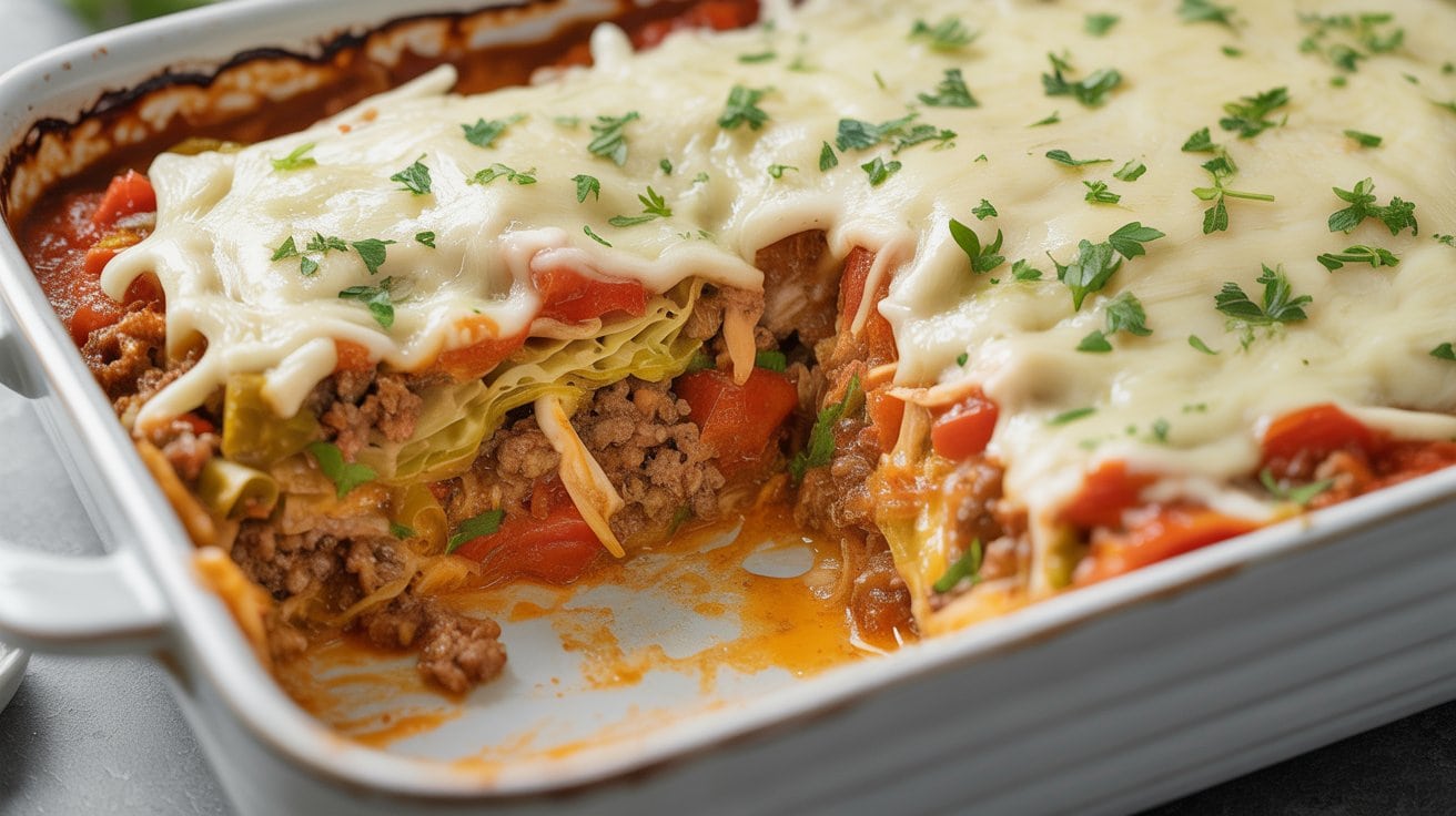 A close-up of a cabbage lasagna bake in a white dish, topped with melted cheese and chopped herbs. A large portion has been cut out, revealing layers of cabbage, meat, vegetables, and sauce.