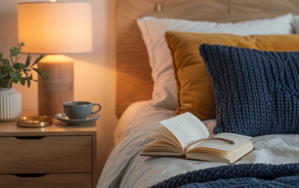 A cozy bedroom scene designed to calm your mind, with a bed featuring white, gold, and navy pillows, a knit blanket, and an open book. The nightstand holds a lit lamp, cup and saucer, gold tray, and a white vase with greenery.
