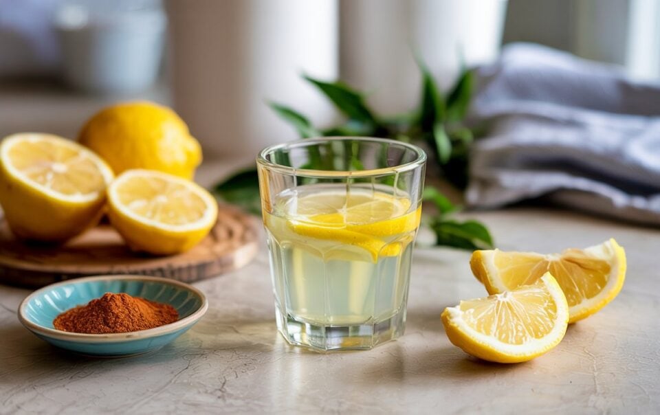 A glass of lemon water with lemon slices sits on a countertop, surrounded by fresh lemon halves and quarters, a small dish of ground spice—perfect for making a homemade cayenne lemon shot—and a blue-striped cloth in the background.