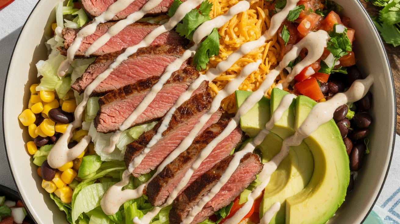 A Chipotle Steak Burrito Bowl filled with sliced grilled steak, shredded cheese, black beans, corn, diced tomatoes, avocado slices, lettuce, and drizzled with creamy dressing—a high-protein meal prep favorite.