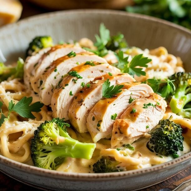 A high protein Chicken Bowl featuring creamy Cottage Cheese Alfredo pasta, topped with sliced grilled chicken breast, steamed broccoli, and fresh parsley. Served on a rustic table with cutlery nearby.