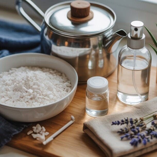 A wooden tray holds a bowl of bath salts, small bottles of liquid including magnesium spray, a kettle, a sprig of lavender, a rolled towel, and a small potted aloe plant, all arranged neatly beside a blue cloth to help relax your body.