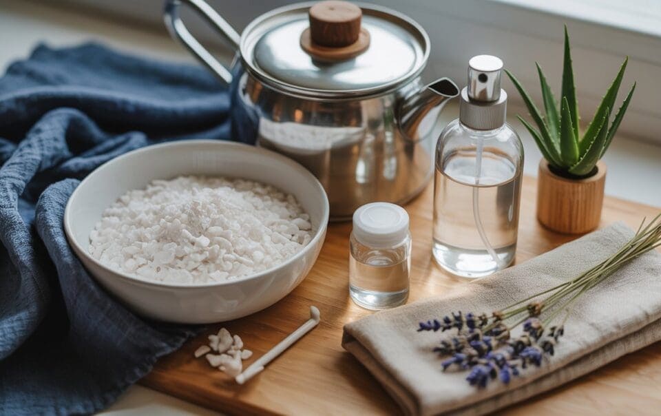 A wooden tray holds a bowl of bath salts, small bottles of liquid including magnesium spray, a kettle, a sprig of lavender, a rolled towel, and a small potted aloe plant, all arranged neatly beside a blue cloth to help relax your body.