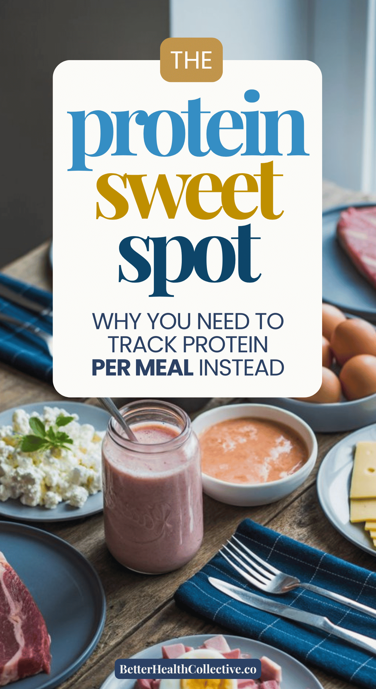 A table set with plates of protein-rich foods like cottage cheese, sliced meat, eggs, and a pink smoothie. Text overlay reads: The protein sweet spot—how much protein should you eat per meal? wellnestguide.com.