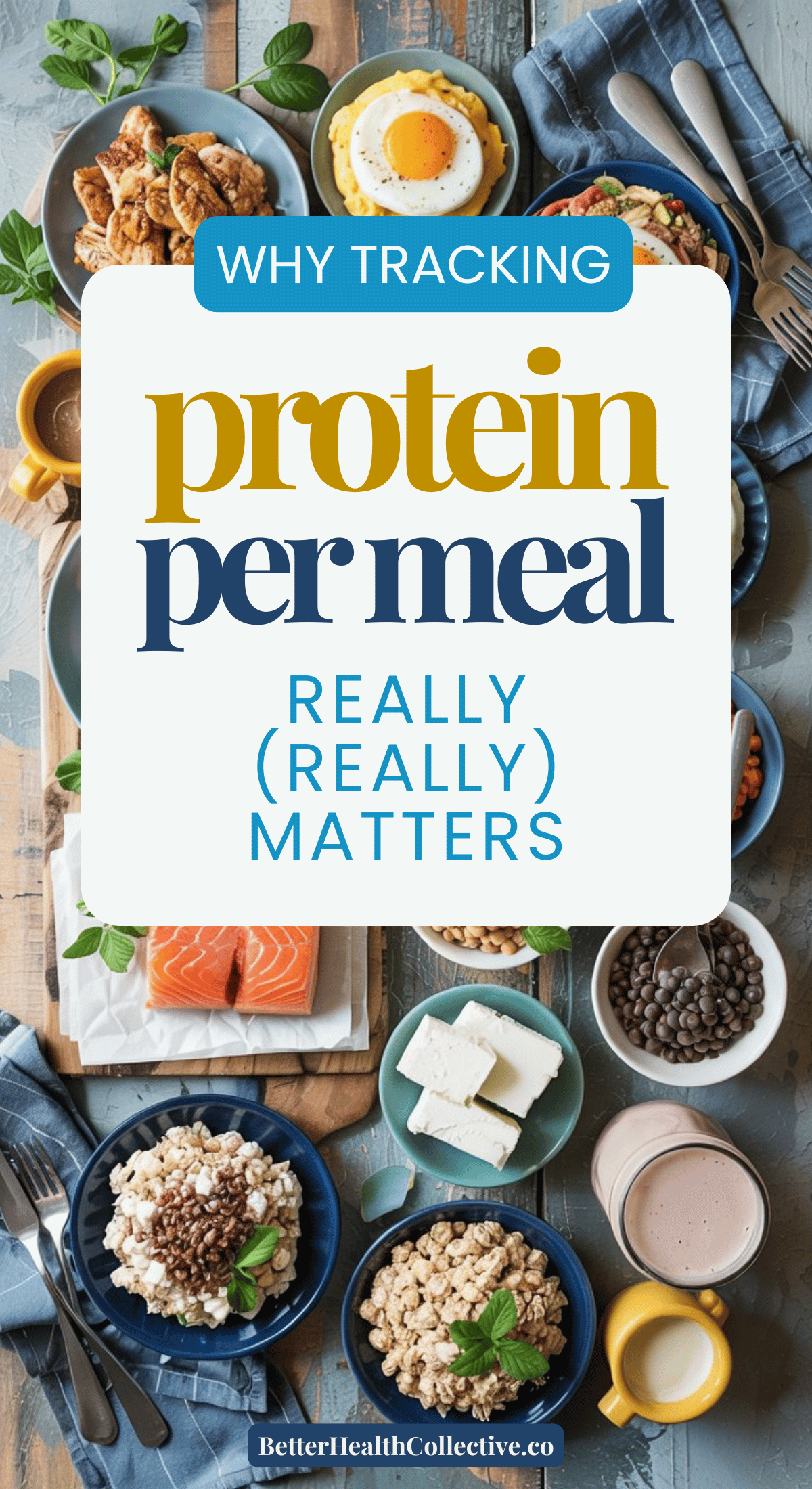 A flat lay of protein-rich foods like salmon, eggs, chicken, beans, rice, and cheese with text overlay: “Why tracking how much protein you should eat per meal really (really) matters.” Photo by wellnestguide.com.