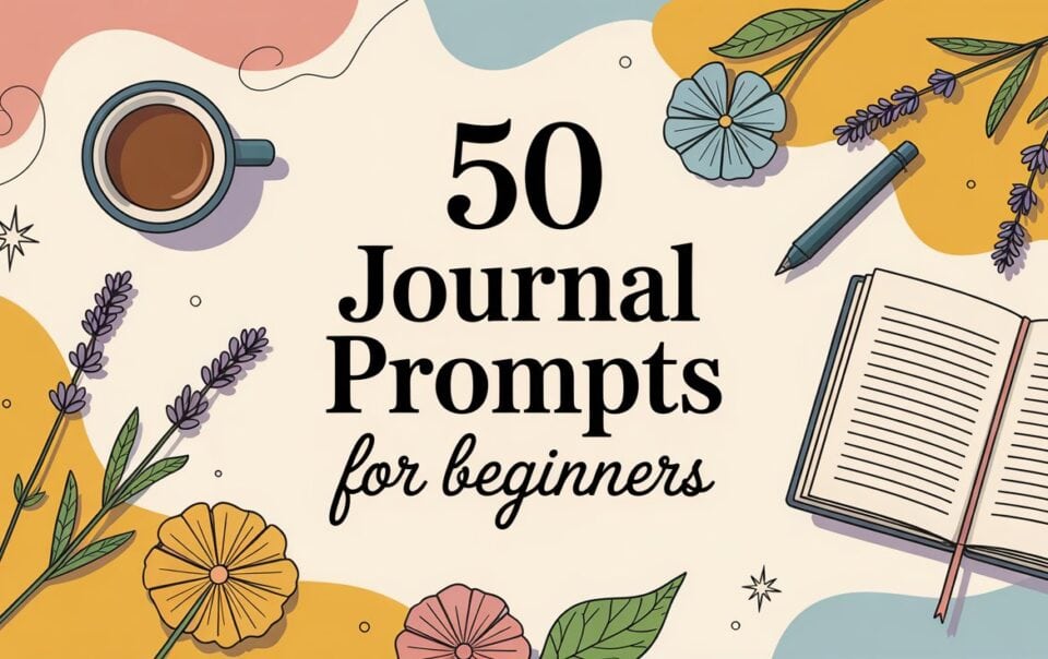 Illustration with text 50 easy journal prompts for beginners, surrounded by flowers, a coffee cup, an open notebook, a pen, and abstract colorful shapes in the background.