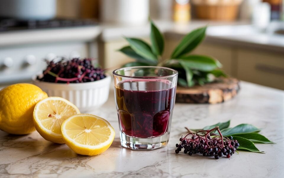 A glass of dark purple elderberry juice sits on a kitchen counter, surrounded by fresh berries, green leaves, and two halved lemons—perfect for immunity shots or adding to your favorite recipe. A white bowl of elderberries and blurred kitchen items are in the background.