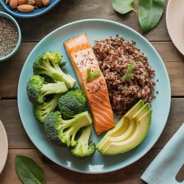 A plate with salmon, broccoli, quinoa, and avocado slices—perfect for GLP-1 Recipes—is surrounded by bowls of chia seeds, nuts, berries, and yogurt, with a fork and spoon on a napkin beside the plate on a wooden table.