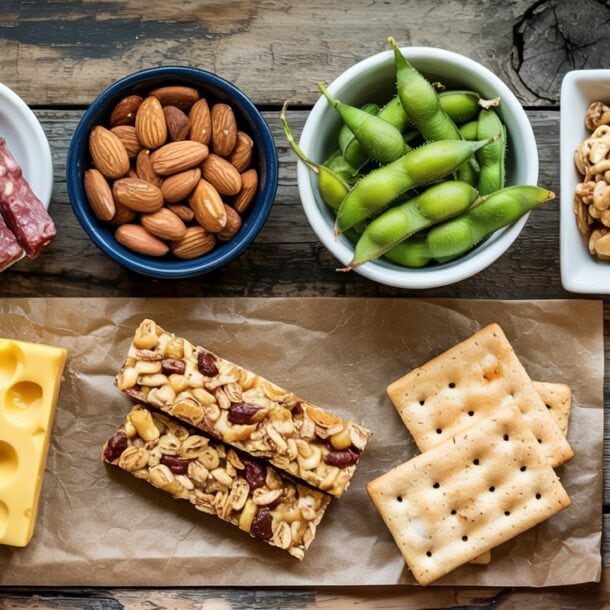 A variety of grab-and-go snack ideas on a rustic wooden table, including nuts, granola bars, crackers, cheeses, sliced sausage, edamame, yogurt with blueberries, and diced fruit—all ready to enjoy with no prep.