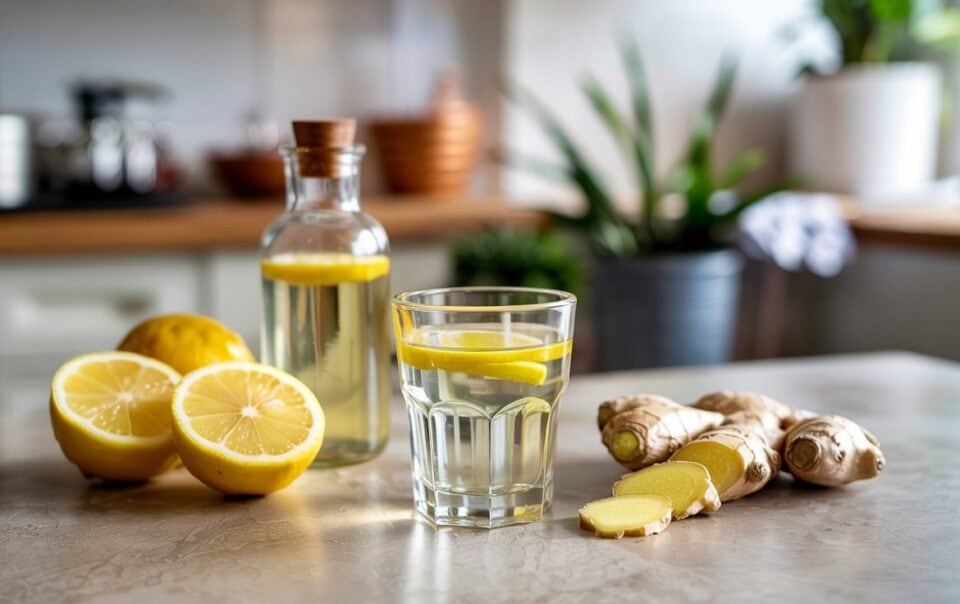 A glass and a bottle of water with lemon slices sit on a kitchen counter, next to halved lemons and pieces of fresh ginger—ingredients often used in ginger lemon immunity shots. Green plants and kitchen items are blurred in the background.