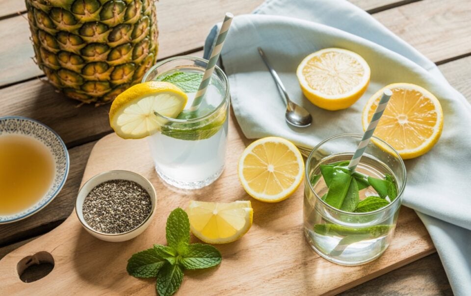 Two glasses of Glowy Skin Mocktail with mint, lemon slices, and striped straws on a wooden board, surrounded by lemon halves, chia seeds, fresh pineapple, and a bowl of juice—your viral drink for brighter skin.