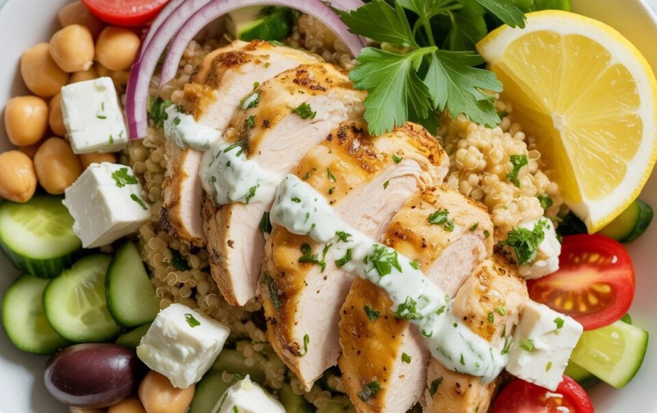 A high-protein bowl of sliced Greek chicken breast on quinoa, surrounded by cucumber, cherry tomatoes, red onion, chickpeas, olives, feta cheese cubes, and a lemon wedge, garnished with parsley and drizzled with creamy dressing.