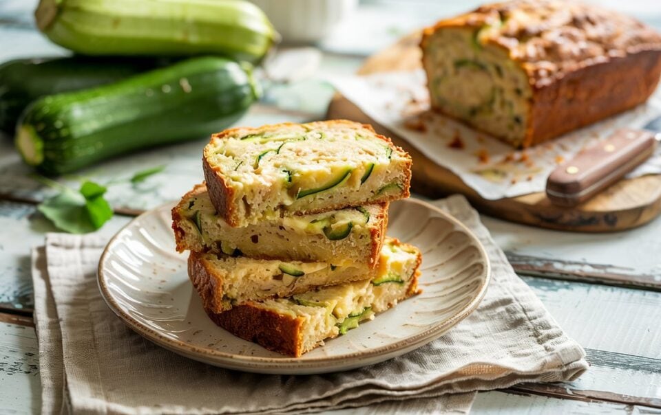 Three slices of Greek yogurt zucchini bread are stacked on a plate, with a whole loaf and fresh zucchinis in the background on a rustic wooden table. The bread looks moist, with visible zucchini slices.