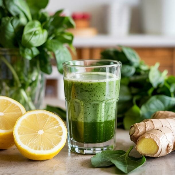 A glass of green smoothie sits on a countertop, surrounded by fresh spinach, basil, a halved lemon, ginger pieces, and Green Immunity Shots. The background is a bright kitchen scene with leafy greens and herbs.