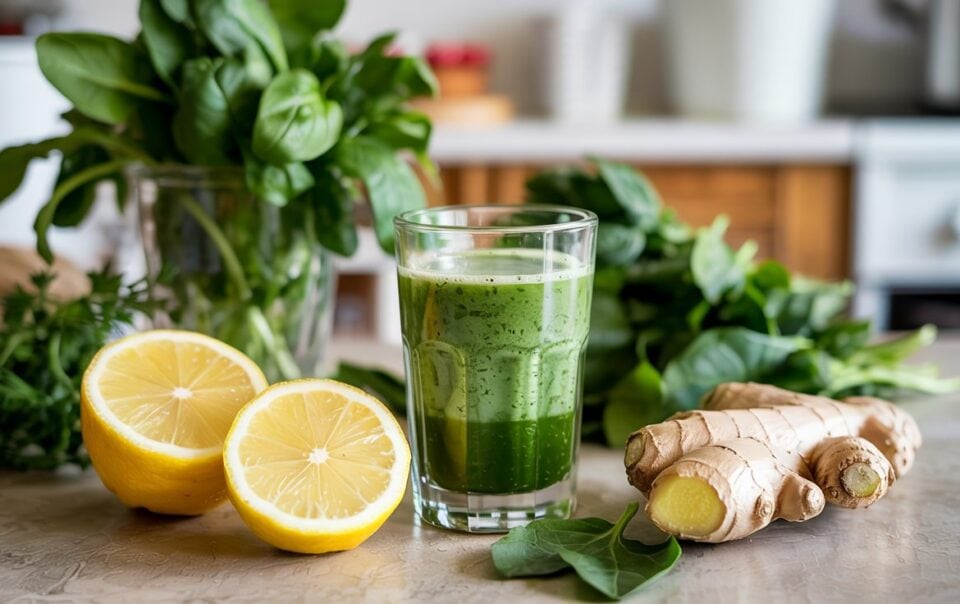 A glass of green smoothie sits on a countertop, surrounded by fresh spinach, basil, a halved lemon, ginger pieces, and Green Immunity Shots. The background is a bright kitchen scene with leafy greens and herbs.