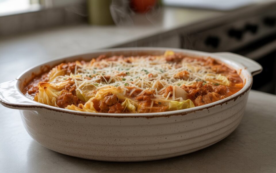 A casserole dish filled with lasagna rolls topped with tomato sauce, ground meat, and melted cheese sits on a kitchen counter near a stove. Steam rises from the hot dish.