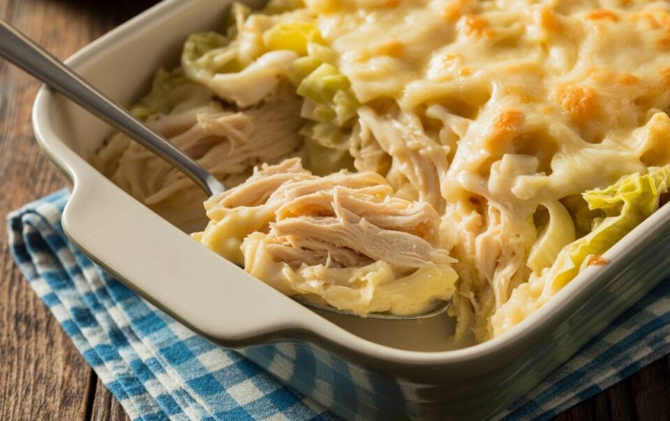 A casserole dish filled with cheesy chicken and noodle bake, perfect for meal prep, with a spoon lifting a portion. The dish sits on a blue checkered cloth on a wooden table.