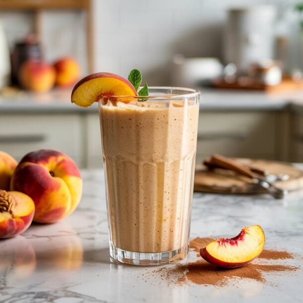 A peach smoothie in a glass is garnished with a peach slice and mint. Whole and sliced peaches rest nearby on a marble countertop, bringing cottage cheese creaminess to this bright, modern kitchen scene.