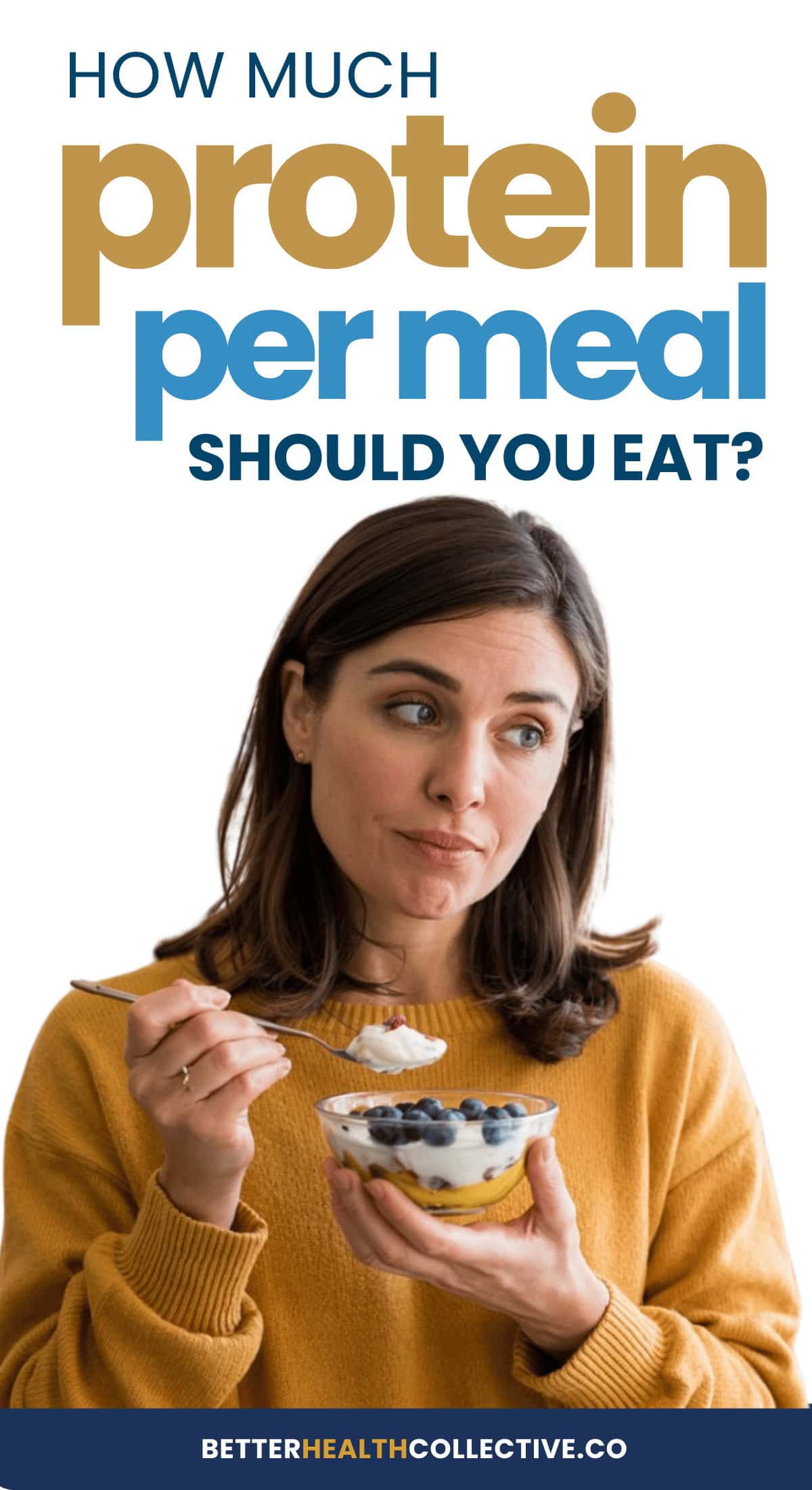 A woman in a mustard sweater holds a bowl of yogurt with blueberries and looks thoughtful. Text above asks, “How much protein should you eat per meal?” and the website “wellnestguide.com” appears below.