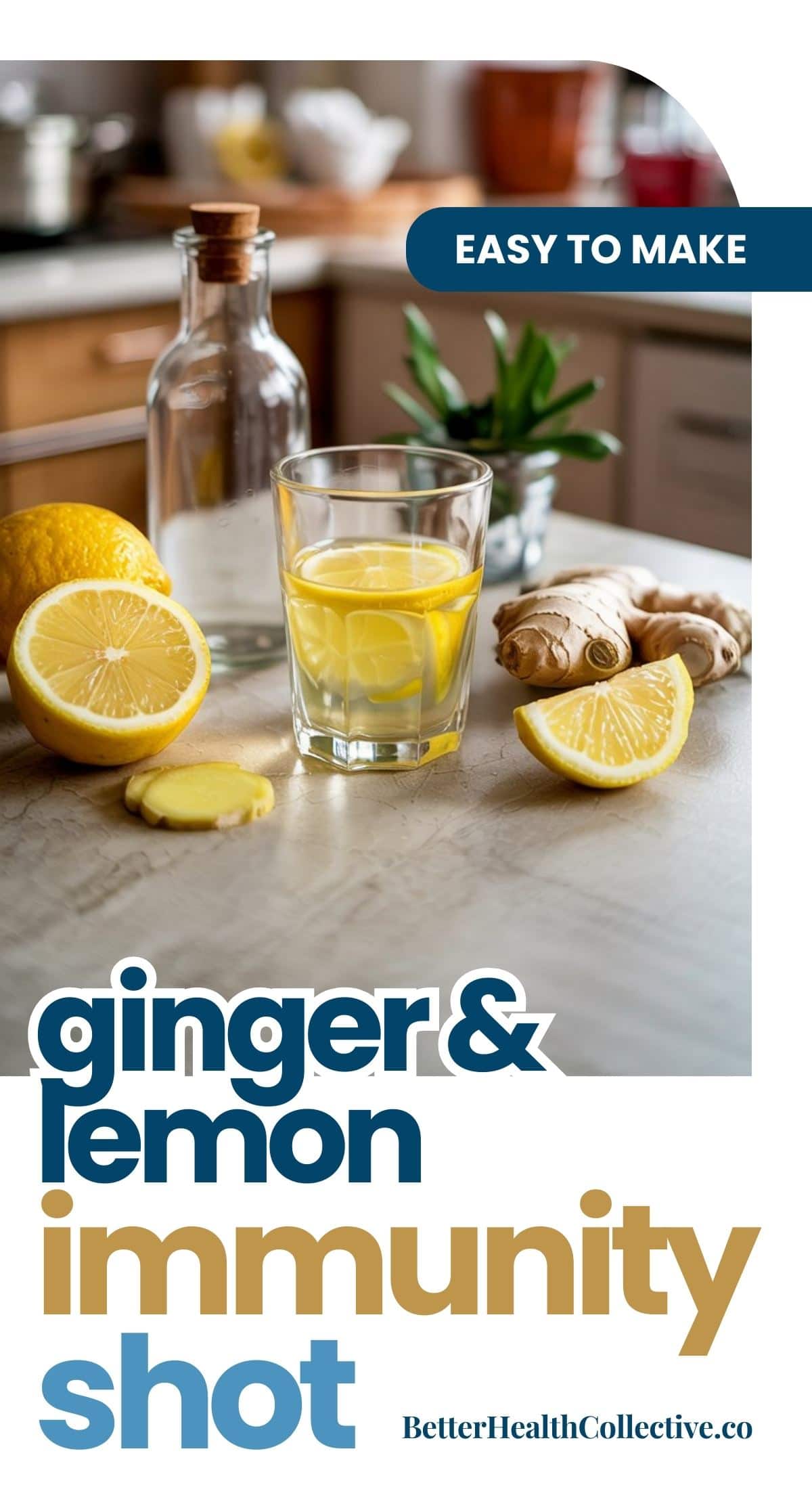 A glass of water with lemon slices sits on a kitchen counter beside fresh ginger, lemon halves, and a bottle. Text reads: Easy to make. Ginger lemon immunity shots for wellness. wellnestguide.com.