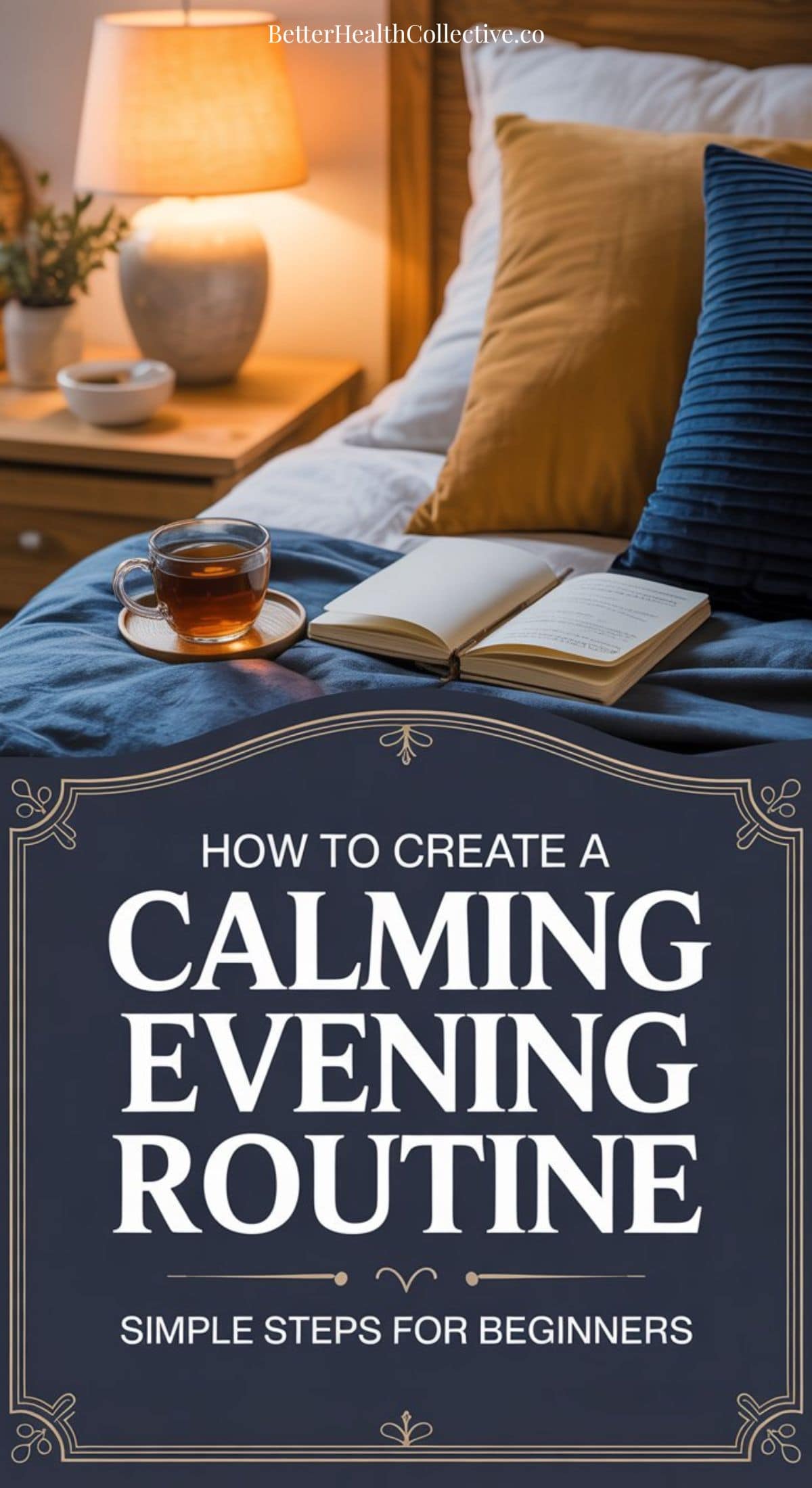 A cozy bed with blue and mustard pillows, an open book, and a cup of tea on a tray sits beside a lamp, with text overlay: “Evening routine ideas: how to create a calming evening routine—simple steps for beginners.”.