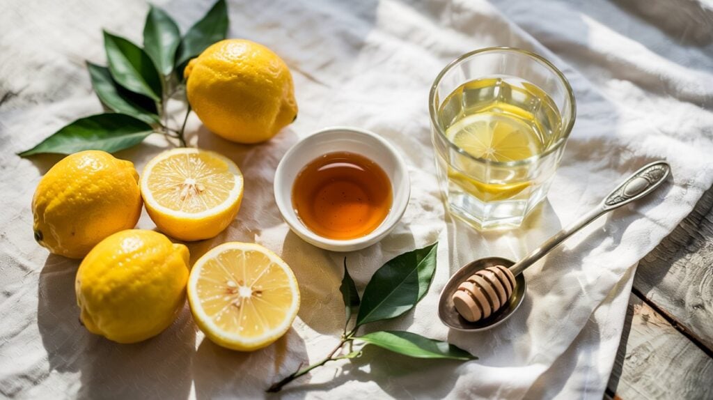Three whole lemons and two lemon halves rest on a white cloth with green leaves, beside a glass of Lemon Honey Immunity Shot, a small bowl of honey, and a honey dipper glistening with golden honey.