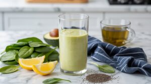 A glass of green smoothie on a marble counter, surrounded by fresh spinach leaves, lemon wedges, half an avocado, chia seeds, and a cup of tea in a clear mug. A blue striped cloth is also nearby.