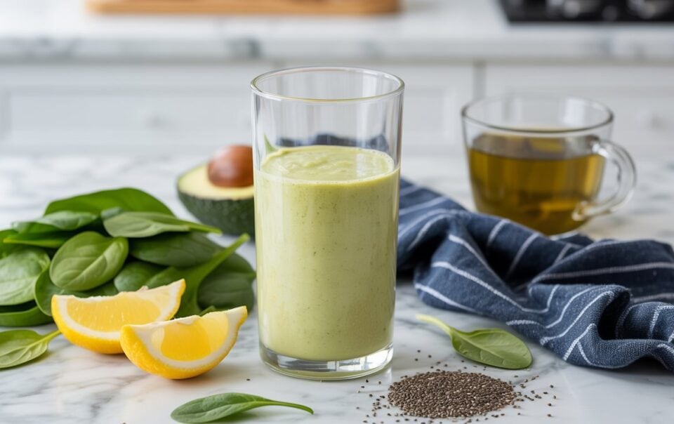 A glass of green smoothie on a marble counter, surrounded by fresh spinach leaves, lemon wedges, half an avocado, chia seeds, and a cup of tea in a clear mug. A blue striped cloth is also nearby.
