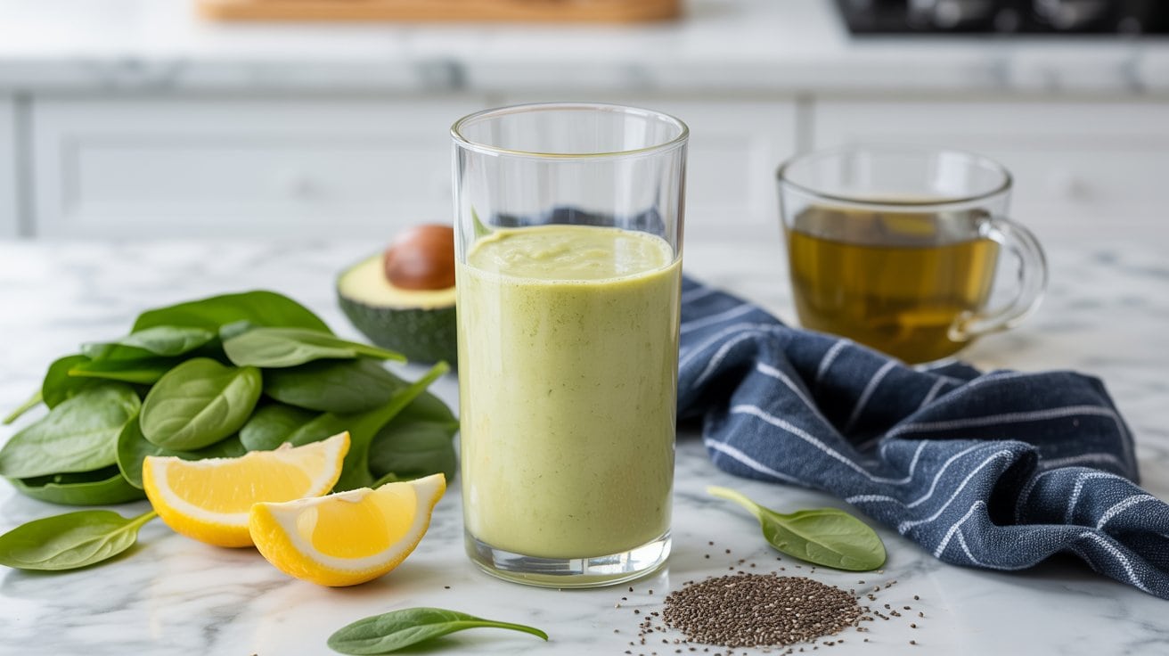 A glass of green smoothie on a marble counter, surrounded by fresh spinach leaves, lemon wedges, half an avocado, chia seeds, and a cup of tea in a clear mug. A blue striped cloth is also nearby.