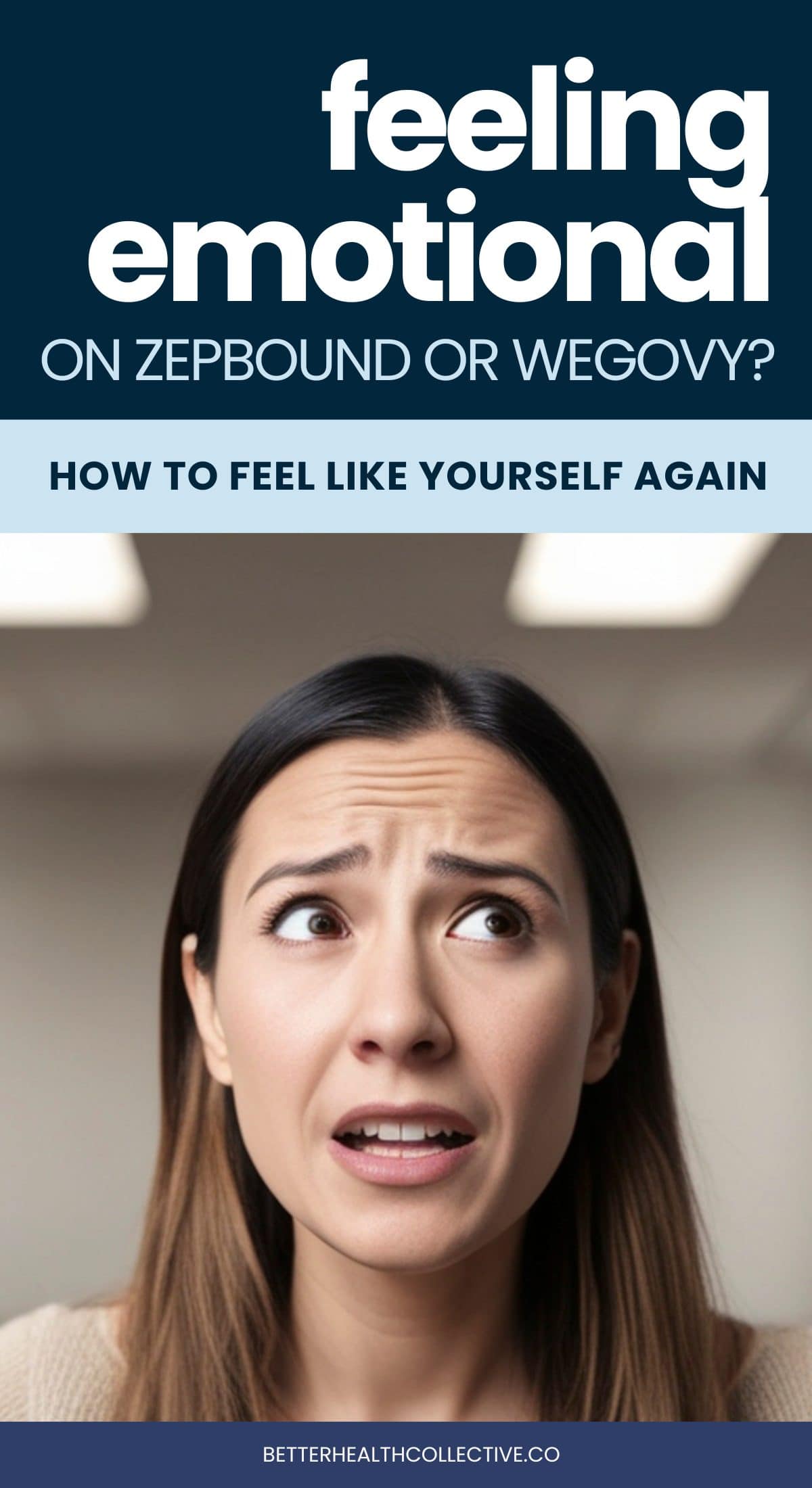 A worried woman looks upward with a concerned expression. Text above her reads, mood changes on Zepbound or Wegovy? How to feel like yourself again. Website: wellnestguide.com.
