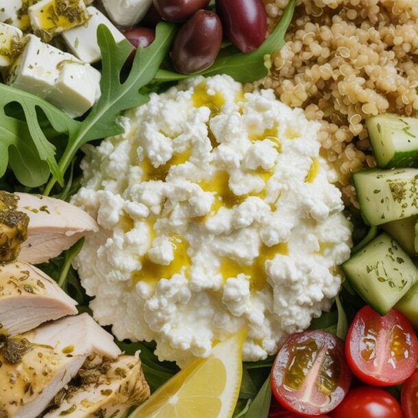 A Mediterranean Power Bowl filled with arugula, sliced chicken with dressing, feta cubes, olives, quinoa, cucumber pieces, cherry tomato halves, and a generous serving of cottage cheese—drizzled with olive oil and garnished with a lemon wedge.