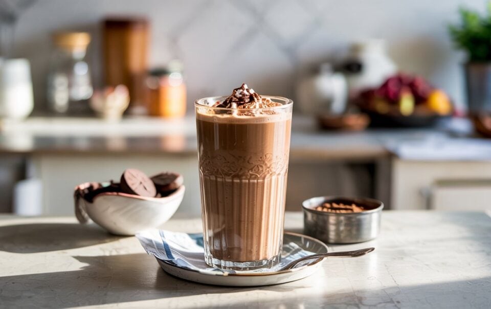 A tall glass of iced chocolate milkshake topped with whipped cream and chocolate shavings sits on a plate with a spoon. Nearby are chocolate cookies, cocoa powder, and a refreshing Mocha Cottage Cheese Smoothie in a bright, sunlit kitchen.