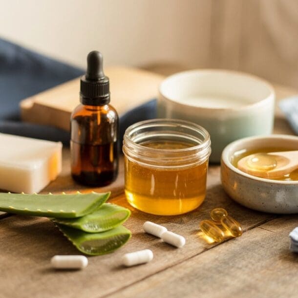A collection of natural wellness items for radiant skin on a wooden table, including an amber dropper bottle, aloe vera leaves, honey in a jar, a bar of soap, capsules, gel pills, and a ceramic bowl with a wooden spoon.