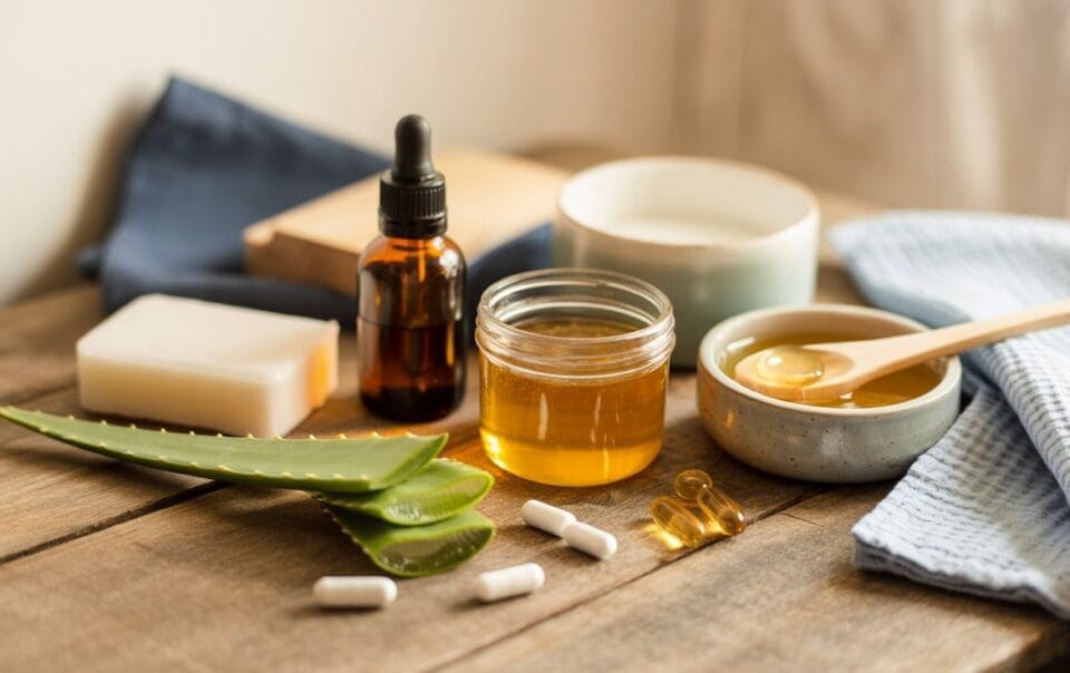 A collection of natural wellness items for radiant skin on a wooden table, including an amber dropper bottle, aloe vera leaves, honey in a jar, a bar of soap, capsules, gel pills, and a ceramic bowl with a wooden spoon.