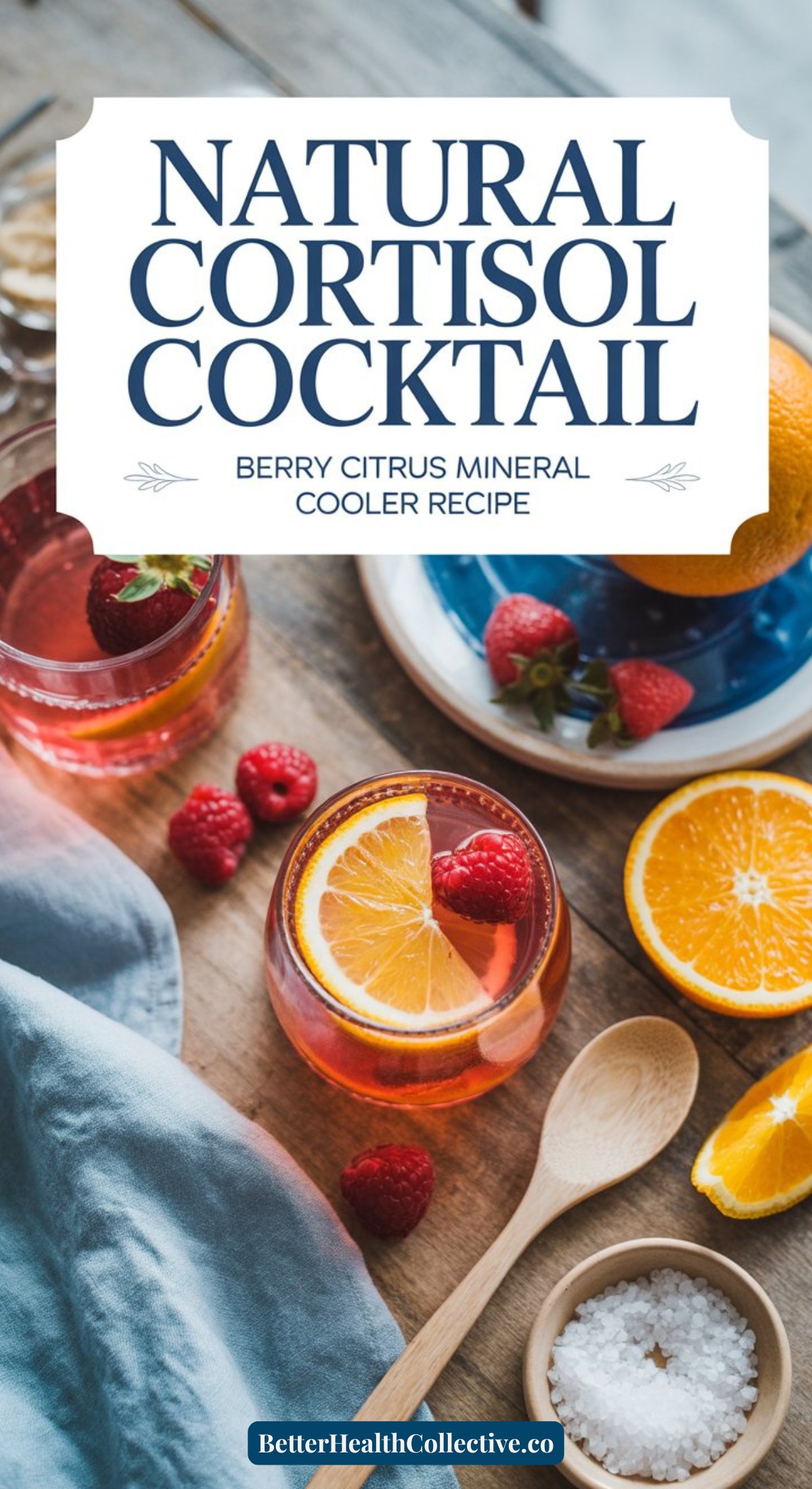 Two glasses of berry citrus drinks with orange slices and raspberries on a wooden table, surrounded by a bowl of fruit, a wooden spoon, a blue cloth, and a recipe sign displaying the cortisol cocktail recipe.