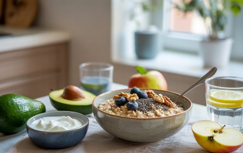 A bowl of oatmeal topped with blueberries, walnuts, and chia seeds sits on a table with a halved avocado, apple slices, a bowl of yogurt, and glasses of water, with a bright kitchen in the background.