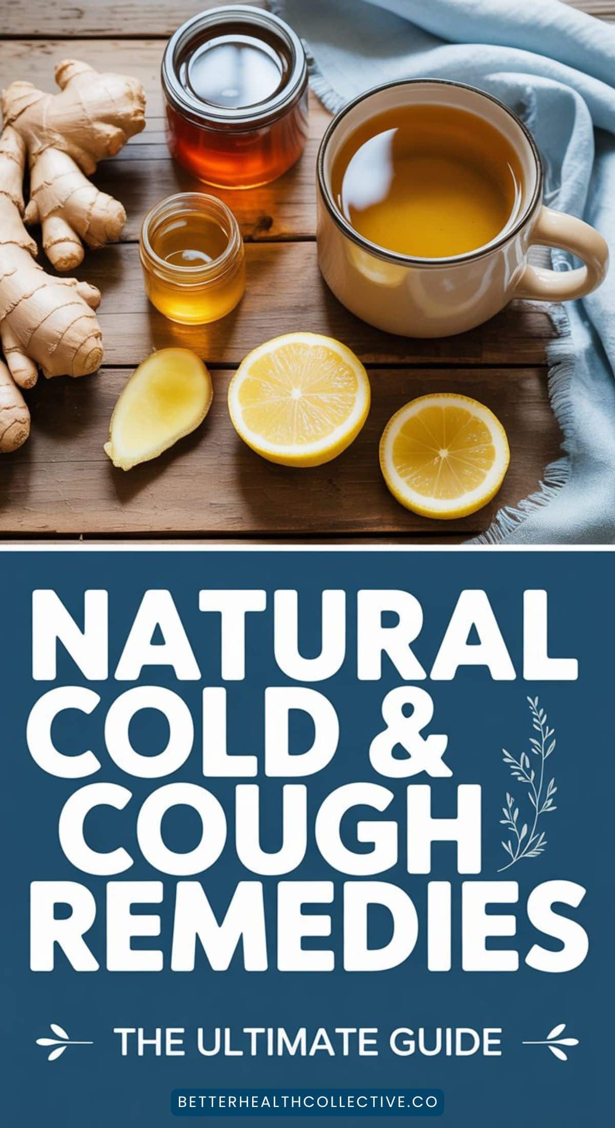 A cup of tea, honey, lemon slices, and fresh ginger on a wooden surface. Below is text: “Natural Cold & Cough Remedies. The Ultimate Guide to family cold remedies. wellnestguide.com.”.