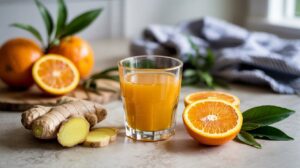 A glass of Orange Ginger Vitamin C Shot sits on a table with fresh ginger root and sliced oranges nearby. Whole oranges and green leaves are in the background, beside a blue-and-white striped cloth.
