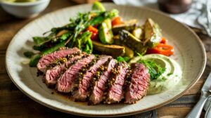 A plate of Peppercorn Steak & Yogurt, featuring sliced medium-rare steak garnished with peppercorns, served alongside roasted potatoes, green beans, red peppers, and a swirl of creamy green sauce on a rustic wooden table.