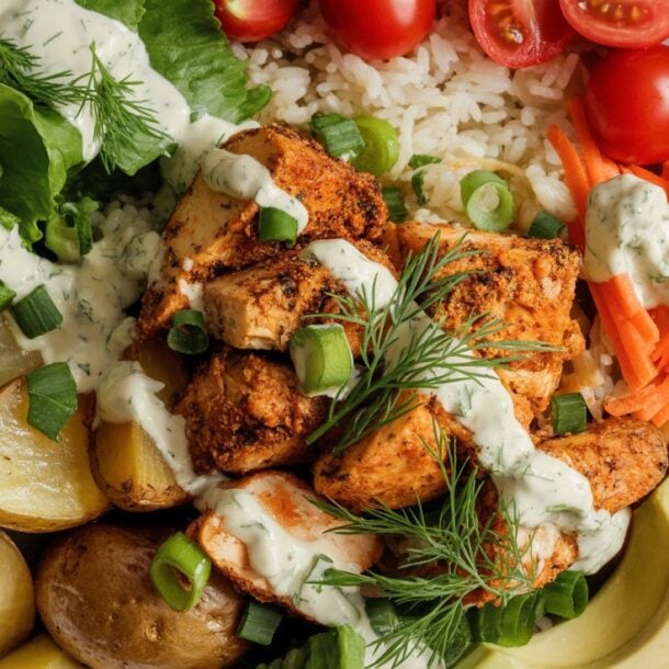 A Protein Bowl featuring grilled ranch chicken, cherry tomatoes, lettuce, shredded carrots, sliced avocado, roasted potatoes, rice, and topped with a creamy herb dressing.