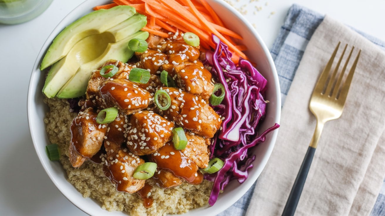 A Protein Bowl featuring quinoa, Spicy Honey Chicken glazed and topped with sesame seeds and green onions, sliced avocado, shredded carrots, and purple cabbage, served with a fork and napkin on the side.