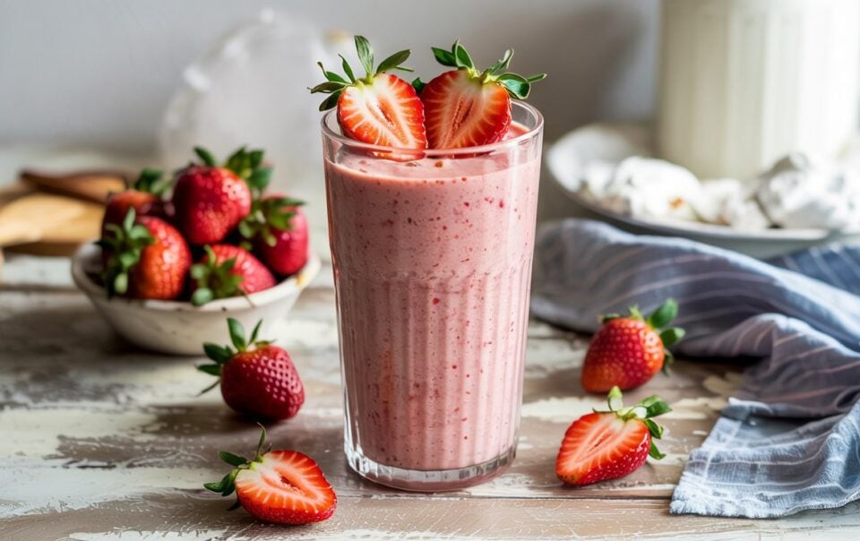 A glass of Strawberry Cheesecake Cottage Cheese Smoothie garnished with two halved strawberries, surrounded by fresh strawberries on a rustic table, with a bowl of strawberries and a blue striped cloth in the background.