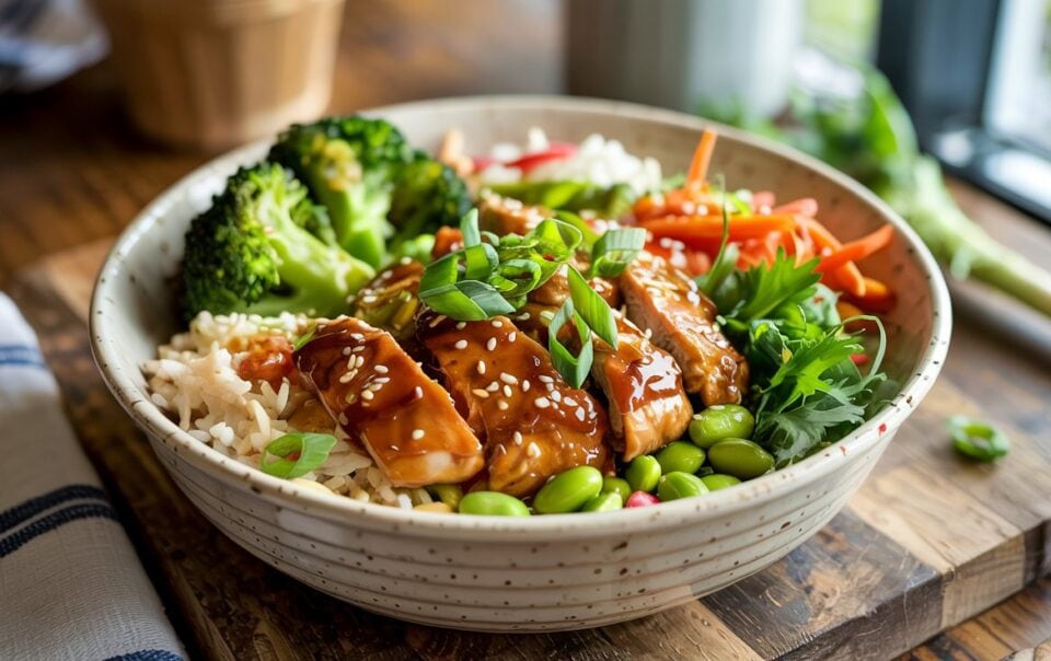 The Chicken & Edamame Power Bowl features a bowl of rice topped with glazed teriyaki chicken, broccoli, edamame, shredded carrots, sesame seeds, and green onions, served on a wooden board near a window.