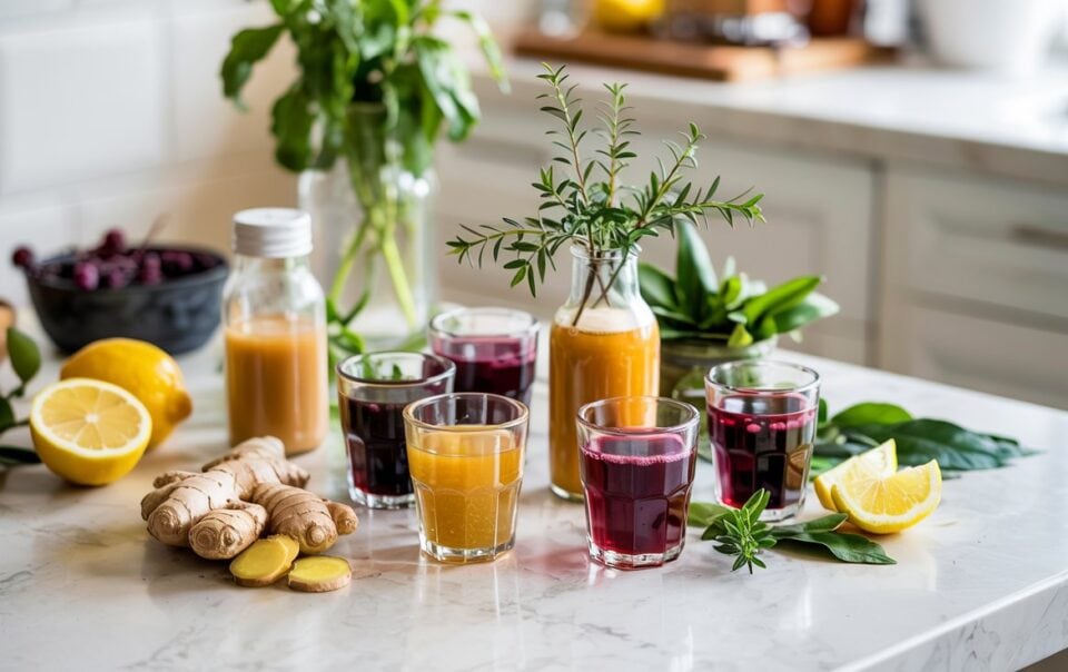 A bright kitchen scene with glasses and bottles of yellow and purple immunity shots on a marble counter, surrounded by fresh ginger, lemons, herbs, and leafy green plants.