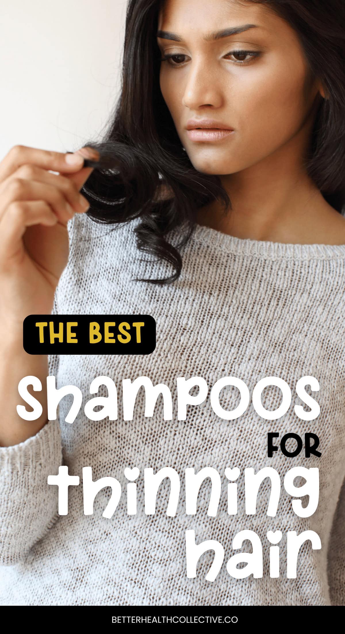 A woman with long dark hair looks at a strand of her hair with concern. Text over the image reads: Best Shampoos for Women with Thinning Hair. At the bottom, it says: wellnestguide.com.