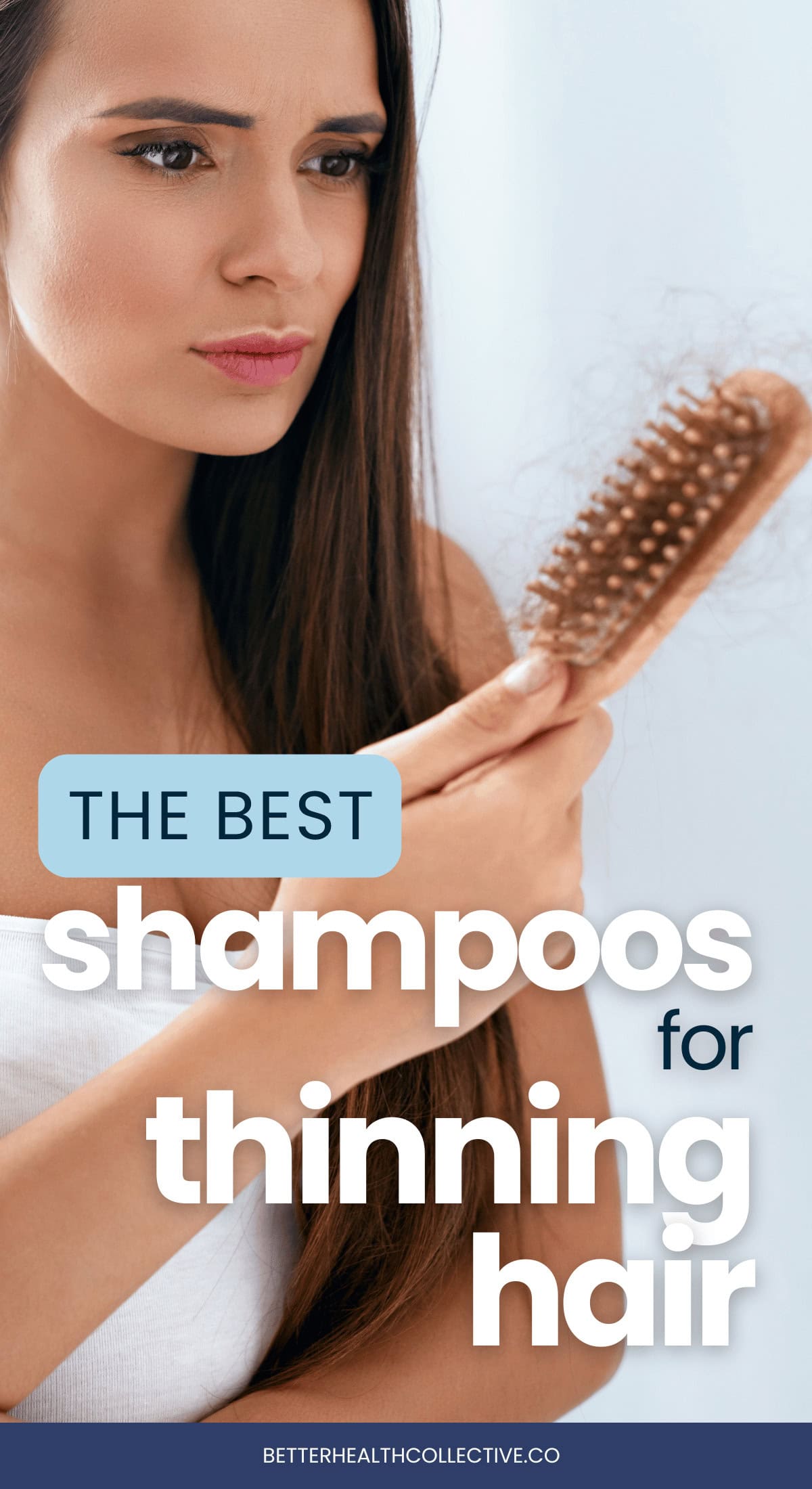 A woman with long brown hair looks worriedly at a hairbrush full of strands. Text on the image reads: Best Shampoos for Women with Thinning Hair. wellnestguide.com.