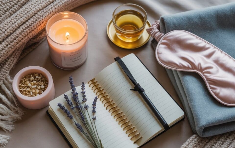 A cozy flat lay showcasing elements of an evening routine: a lit candle, open notebook with black pen, sprigs of lavender, cup of tea, pink sleep mask, folded blanket, and a bowl of dried flowers on a soft surface.