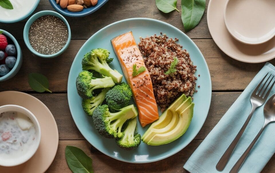 A plate with a salmon fillet, broccoli, sliced avocado, and cooked quinoa sits on a wooden table, surrounded by bowls of berries, nuts, chia seeds, and a cup of yogurt, with a fork and spoon beside it.