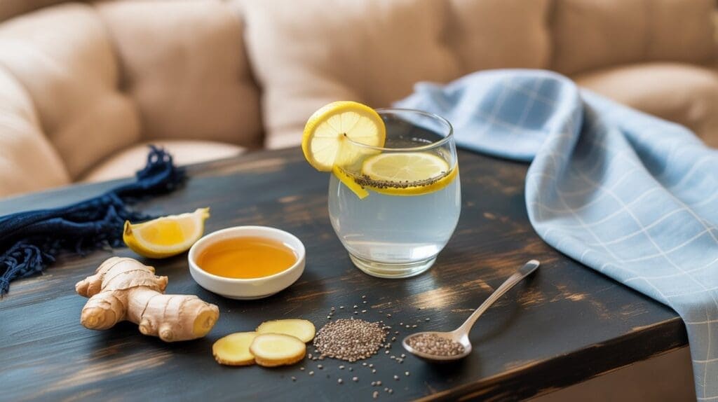 A glass of water with lemon slices and chia seeds sits on a dark wooden table—showcasing helpful foods rather than overhyped drinks. Nearby are a spoon with chia seeds, sliced ginger root, a lemon wedge, and a small bowl of honey.